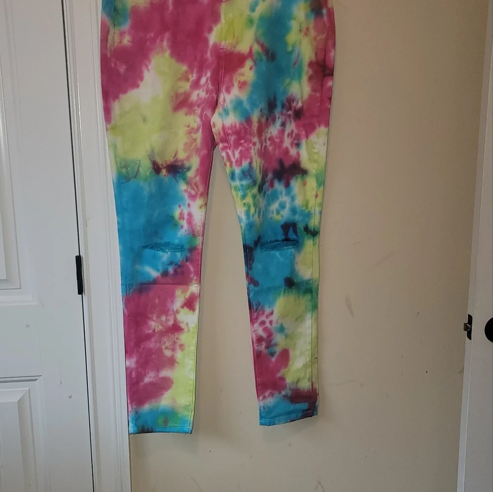 NWT Fashion Nova Pink Yellow Blue Tie Dye Denim High Rise Pants Jeans - Picture 6 of 16